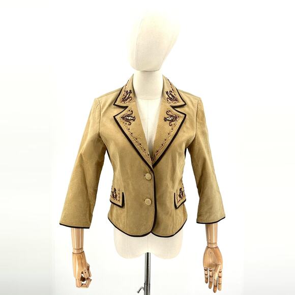 Vintage 90s Margaret Godfrey Tan Genuine Suede Beaded Western Blazer